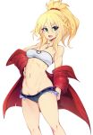  1girl bandeau belly blonde_hair braid breasts cutoffs denim denim_shorts fate/apocrypha fate_(series) french_braid green_eyes hair_ornament hair_scrunchie highres jacket long_hair looking_at_viewer medium_breasts midriff mordred_(fate) mordred_(fate)_(all) navel off_shoulder open_mouth ponytail red_jacket red_scrunchie scrunchie shiny shiny_hair shiny_skin shorts simple_background slugbox solo standing white_background 