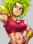  1girl arm_up armpits blonde_hair bracer breasts closed_mouth collarbone commentary_request dragon_ball dragon_ball_super earrings flat_color fusion grey_background hand_on_hip jewelry kefla_(dragon_ball) looking_at_viewer medium_breasts midriff navel pants potara_earrings red_pants red_shirt shirt solo spiky_hair st62svnexilf2p9 stomach super_saiyan tank_top toned upper_body 