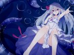  1girl bad_proportions bare_shoulders blue_background blue_eyes bow breasts dress feet_out_of_frame hair_bow highres kafuka long_hair needle open_mouth original outstretched_hand small_breasts smile tentacle underwater white_dress white_hair yandere 