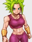  1girl blonde_hair bracer breasts clenched_hands closed_mouth collarbone commentary_request dragon_ball dragon_ball_super earrings flat_color fusion grey_background jewelry kefla_(dragon_ball) looking_at_viewer medium_breasts midriff navel pants potara_earrings red_pants red_shirt shirt smile solo spiky_hair st62svnexilf2p9 stomach super_saiyan tank_top toned 