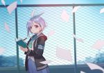  1girl asymmetrical_hair blue_hair blurry blurry_background bow building character_request commentary_request copyright_request english_text fence hair_bow headband hood hood_down hooded_jacket jacket looking_at_viewer necktie notebook open_mouth paper pen school_uniform short_hair sky violet_eyes virtual_youtuber 