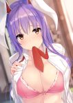  1girl absurdres animal_ears bangs blurry blurry_background blush bra breasts commentary_request dutch_angle hand_on_own_chest highres large_breasts liya long_hair long_sleeves looking_at_viewer mouth_hold navel necktie open_clothes open_shirt pink_bra purple_hair rabbit_ears red_eyes red_neckwear reisen_udongein_inaba solo stomach touhou underwear upper_body wing_collar 