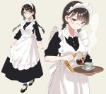  apron back_bow bangs black_dress black_footwear black_hair blush bow braid breasts brown_hair closed_eyes comic cowboy_shot cup dress eyebrows_visible_through_hair frilled_apron frills full_body glasses grey_background hanae_haruka holding holding_tray long_hair looking_at_viewer looking_down maid maid_headdress medium_breasts multiple_views original simple_background sleeves_folded_up sleeves_pushed_up smile standing steam tea teacup tray twin_braids white_apron white_bow white_legwear 