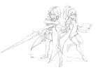  angry axiel_hildagarde axiel_hildagarde_(axziel) book breasts fatuus fighting_stance glasses greyscale highres monochrome original siblings sisters source_request tagme twins weapon 