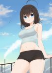  1girl :o ahoge bangs bare_arms bare_shoulders bird black_hair black_shorts blue_eyes blue_sky breasts camisole cleavage clouds collarbone commentary_request cowboy_shot crop_top day grey_shirt hair_between_eyes highres looking_at_viewer lycorisia_elle medium_breasts midriff navel nerisan original outdoors parted_lips railing shirt short_hair short_shorts shorts sky sleeveless sleeveless_shirt smoke solo standing stomach thighs 