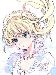  aldnoah.zero asseylum_vers_allusia blonde_hair braid breasts cleavage collarbone crown_braid dated dress eyebrows_visible_through_hair floating_hair green_eyes jewelry long_hair looking_at_viewer medium_breasts necklace signature sketch smile white_dress yukinami_(paru26i) 