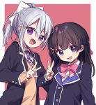  2girls bangs black_hair black_jacket blazer blush bow braid brown_background brown_sweater collared_shirt eyebrows_visible_through_hair hair_between_eyes hair_bow hair_ornament hairclip high_ponytail higuchi_kaede jacket long_hair long_sleeves multiple_girls necktie nijisanji open_blazer open_clothes open_jacket pink_bow plaid_neckwear ponytail purple_neckwear school_uniform shirt silver_hair sleeves_past_wrists sweater tsukino_mito two-tone_background upper_body v v-shaped_eyebrows violet_eyes virtual_youtuber white_background white_bow white_shirt yamabukiiro younger 