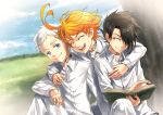  1girl 2boys ahoge arm_around_shoulder black_hair blue_eyes blue_sky book closed_eyes closed_mouth collared_shirt commentary_request dress_shirt emma_(yakusoku_no_neverland) grass hair_over_one_eye highres laughing long_sleeves looking_at_another multiple_boys neck_tattoo norman_(yakusoku_no_neverland) open_book open_mouth orange_hair outdoors pants r777668 ray_(yakusoku_no_neverland) reading shirt short_hair silver_hair sitting skirt sky smile tattoo tree_trunk white_hair white_pants white_shirt white_skirt yakusoku_no_neverland 