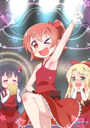  3girls armpits black_hair blonde_hair blush brown_hair closed_eyes collarbone dress eating elbow_gloves eyebrows eyebrows_visible_through_hair fang food gloves green_eyes hair_ornament hair_ribbon happy_happy_friends himesaka_noa hoshino_hinata multiple_girls one_eye_closed open_mouth red_dress red_eyes ribbon shiny shiny_hair shirosaki_hana short_hair smile star starry_background watashi_ni_tenshi_ga_maiorita! white_gloves yokoshima_(euphoria) yuri 