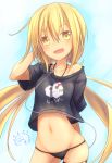  1girl black_panties black_shirt blonde_hair blush breasts eyebrows_visible_through_hair gradient gradient_background hair_between_eyes highres kanimiso_(juutilainen77) kantai_collection long_hair low_twintails miss_cloud navel open_mouth panties satsuki_(kantai_collection) shirt small_breasts twintails underwear very_long_hair yamanokami_satsuki yellow_eyes 