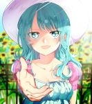  1girl :d blue_hair blue_shirt blurry blurry_background blurry_foreground breasts character_request cleavage collarbone flower green_eyes hat highres jugemu57107754 lens_flare long_hair looking_at_viewer open_mouth outstretched_arm ribbon-trimmed_shirt shirt short_sleeves small_breasts smile solo sun_hat sunflower upper_body white_headwear yellow_flower 