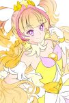  1girl amanogawa_kirara arm_strap bangs blonde_hair blunt_bangs choker collarbone cure_twinkle dress earrings eyebrows_visible_through_hair gloves go!_princess_precure gradient_hair hair_intakes hand_on_hip highlights jewelry multicolored_hair pink_hair precure smile solo star star_earrings strapless strapless_dress violet_eyes white_background white_gloves yellow_dress yukinami_(paru26i) 