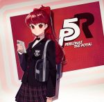  1girl black_jacket blazer bow byoru cellphone hair_bow highres jacket long_hair looking_at_viewer mysterious_girl_(persona_5) pantyhose persona persona_5 persona_5_the_royal phone ponytail red_bow redhead shuujin_academy_uniform simple_background solo upper_body 