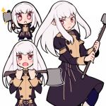  1girl artist_name axe blue_legwear closed_mouth do_m_kaeru fire_emblem fire_emblem:_three_houses garreg_mach_monastery_uniform holding holding_axe long_hair long_sleeves lysithea_von_ordelia multiple_views open_mouth pink_eyes simple_background uniform white_background white_hair 