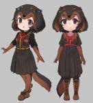  1girl animal_ears black_bow black_gloves black_hair boots bow brown_eyes brown_footwear brown_gloves brown_hair brown_skirt character_request chibi copyright_request cross-laced_footwear dachshund_(kemono_friends)_(nyifu) dog_ears dog_tail elbow_gloves eyebrows_visible_through_hair full_body gloves grey_background kemono_friends kneehighs lace-up_boots looking_at_viewer multicolored multicolored_clothes multicolored_gloves multicolored_hair multiple_views nyifu original original_fan_character short_hair simple_background skirt solo standing tail 