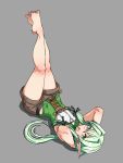  1girl arms_behind_head ashizato_umitarou barefoot black_bow bow breasts brown_shorts commentary_request corset elf feet full_body goblin_slayer! green_eyes green_hair grey_background hair_bow hair_over_shoulder high_elf_archer_(goblin_slayer!) highres legs_up long_hair looking_at_viewer lying on_back open_mouth pointy_ears shorts sleeveless slender_waist small_breasts solo thighs toes wide_hips 
