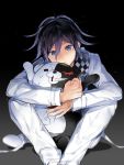  black_background checkered checkered_scarf dangan_ronpa male_focus monokuma new_dangan_ronpa_v3 ouma_kokichi pants purple_hair scarf short_hair straitjacket susuke_su violet_eyes white_pants 