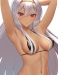  1girl aoisora_(aquarios) armpits arms_up bikini_top black_bikini_top breasts closed_mouth copyright_request dark_skin hair_between_eyes hair_over_breasts hairband long_hair medium_breasts red_eyes sidelocks silver_hair simple_background solo tsurime upper_body white_background work_in_progress 