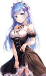  1girl 3: adapted_costume alternate_hairstyle bare_shoulders blue_eyes blue_hair blush breasts choker cleavage closed_mouth contrapposto cowboy_shot detached_sleeves dress dress_lift eyebrows_visible_through_hair hairband highres lolita_hairband long_hair looking_at_viewer medium_breasts r_o_ha re:zero_kara_hajimeru_isekai_seikatsu rem_(re:zero) ribbon_choker simple_background solo thigh-highs underbust white_background white_legwear 