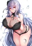  1girl azur_lane blush breasts cleavage curvy graf_zeppelin_(azur_lane) highres huge_breasts long_hair looking_at_viewer mature monotosu red_eyes silver_hair smile solo swimsuit thighs very_long_hair 
