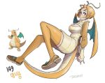  antennae breasts brown_footwear cleavage creatures_(company) dragon_wings dragonite game_freak gen_1_pokemon hands_clasped horn large_breasts nintendo orange_hair own_hands_together personification pointy_ears pokemon smile tail tamtamdi thick_thighs thigh-highs thighs wings 