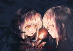  2girls bangs blonde_hair cloak dark_background eyebrows_visible_through_hair face fire horns long_hair looking_at_another multiple_girls obiwan open_mouth pixiv_fantasia pixiv_fantasia_last_saga yellow_eyes 