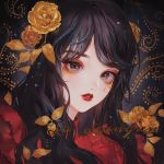  1girl bangs black_hair eyeshadow flower french_text highres leaf lipstick long_hair looking_at_viewer maccha_(mochancc) makeup original plant portrait red_lips red_lipstick solo yellow_flower 