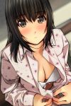  1girl bangs black_hair blurry blurry_background blush bow bow_bra bra breasts brown_eyes cleavage closed_mouth collared_shirt commentary_request depth_of_field dress_shirt eyebrows_visible_through_hair fingernails floral_print hair_between_eyes highres long_hair long_sleeves looking_at_viewer matsunaga_kouyou nose_blush open_clothes open_shirt original print_shirt shirt sleeves_past_wrists small_breasts solo underwear white_bra white_shirt 