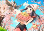  1girl :d black_hair black_shirt blue_eyes blue_sky blurry blurry_background bouquet cherrim clouds creatures_(company) day floating_hair flower game_freak hair_ornament hairclip hat hikari_(pokemon) holding holding_bouquet long_hair nintendo open_mouth outdoors petals pink_flower pink_skirt poke_ball_print pokemon pokemon_(game) pokemon_dppt pokoemon_(creature) print_hat red_scarf scarf shirt skirt sky sleeveless sleeveless_shirt smile solo standing starly white_headwear yellow_flower yuhi_(hssh_6) 