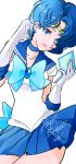  1girl adjusting_hair back_bow bishoujo_senshi_sailor_moon blue_eyes blue_hair blue_neckwear blue_sailor_collar blue_skirt bow choker collarbone cowboy_shot dated earrings elbow_gloves gloves hand_mirror happy_birthday holding jewelry looking_at_viewer miniskirt mirror pleated_skirt sailor_collar sailor_mercury sailor_senshi_uniform shirt short_hair short_sleeves signature simple_background skirt solo white_background white_gloves white_shirt yukinami_(paru26i) 