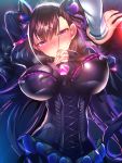  1girl against_wall bangs black_dress blush breasts brown_hair covered_nipples double_bun dress eyebrows_visible_through_hair face-to-face fate/grand_order fate_(series) frills hair_between_eyes hair_ornament large_breasts long_hair long_sleeves looking_at_another looking_at_viewer murasaki_shikibu_(fate) out_of_frame pov puffy_sleeves silly_(marinkomoe) solo solo_focus sweatdrop very_long_hair violet_eyes wall_slam 