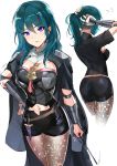  1girl anger_vein angry aqua_hair blue_eyes breasts byleth byleth_eisner_(female) cape cleavage female_my_unit_(fire_emblem:_three_houses) fire_emblem fire_emblem:_three_houses fire_emblem:_three_houses fire_emblem_16 gloves hand_on_hip highres intelligent_systems midriff_peek multiple_views my_unit_(fire_emblem:_three_houses) navel nintendo ormille ponytail sketch solo tsundere white_background 