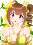  1girl :o ahoge air_bubble bangs bracelet brown_hair bubble camisole commentary earrings food fruit hair_ribbon hand_to_own_mouth idolmaster idolmaster_million_live! jacket jewelry kamille_(vcx68) lemon lemon_slice looking_at_viewer medium_hair off_shoulder open_clothes open_jacket parted_lips ribbon side_ponytail solo star_(symbol) star_earrings upper_body violet_eyes yellow_camisole yellow_jacket yellow_ribbon yokoyama_nao 