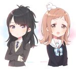  2girls :d absurdres animal animal_on_head bangs bird bird_on_head black_hair black_shirt blazer blue_bow blue_eyes blush bow brown_eyes brown_hair brown_sweater character_name closed_mouth collared_shirt cropped_torso diagonal-striped_neckwear diagonal_stripes eyebrows_visible_through_hair grey_jacket highres idolmaster idolmaster_shiny_colors jacket kazano_hiori long_hair long_sleeves multiple_girls necktie on_head open_mouth pigeon plaid plaid_bow sailor_collar sakuragi_mano shirt sleeves_past_wrists smile sorimachi-doufu striped striped_neckwear sweat sweater upper_body white_background white_sailor_collar white_shirt 