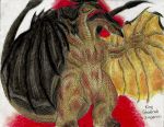  absurdres claws dragon dragon_horns dragon_tail dragon_wings fangs godzilla_(series) highres horns huge_filesize kaijuu king_ghidorah monster monsterkingofkarmen multiple_heads multiple_tails no_humans open_mouth red_eyes scales sharp_teeth solo solo_focus tail teeth traditional_media wings 