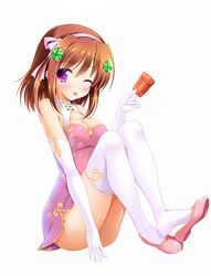  1girl ;p ass bangs bare_shoulders bashen_chenyue blush breasts brown_hair chinese_new_year chinese_zodiac cleavage closed_mouth clover dress elbow_gloves eyebrows_visible_through_hair four-leaf_clover full_body gloves hair_between_eyes hair_ribbon hairband head_tilt highres holding medium_breasts one_eye_closed original pink_dress pink_footwear pink_hairband pink_ribbon ribbon shoe_dangle shoes simple_background sleeveless sleeveless_dress smile solo thigh-highs tongue tongue_out white_background white_gloves white_legwear year_of_the_pig 