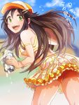  1girl :d bare_shoulders bead_bracelet beads bike_shorts black_hair blue_sky blurry blurry_background bracelet breasts clouds day fangs green_eyes hair_between_eyes hair_ornament hairclip hat hat_ornament himekawa_yuki holding idolmaster idolmaster_cinderella_girls jewelry kakitsubata_zero legs_apart long_hair medium_breasts miniskirt open_mouth outdoors shorts shorts_under_skirt skirt sky smile solo star star_print teeth translated white_skirt 