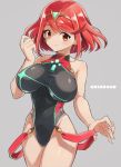  1girl bangs black_swimsuit blush breasts covered_navel earrings enotou_(enotou_moi) gem hair_ornament headpiece pyra_(xenoblade) jewelry large_breasts looking_at_viewer nintendo one-piece_swimsuit red_eyes redhead short_hair simple_background smile solo swept_bangs swimsuit tiara white_background xenoblade_(series) xenoblade_2 