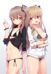  2girls :3 :d alternate_costume bangs bikini bikini_under_clothes black_bikini black_ribbon black_shirt blush breasts brown_hair cleavage closed_mouth collared_shirt cowboy_shot fang flat_chest front-tie_top girls_frontline gradient gradient_background highres jacket long_hair long_sleeves looking_at_viewer medium_breasts multiple_girls narynn navel one_side_up open_clothes open_jacket open_mouth partially_unzipped pink_eyes ribbon scar scar_across_eye shirt side-tie_bikini smile stomach strap_gap string_bikini striped striped_bikini swimsuit tied_shirt twitter_username ump45_(girls_frontline) ump9_(girls_frontline) under_boob white_background white_jacket wing_collar wrist_ribbon wristband yellow_eyes zipper_pull_tab 