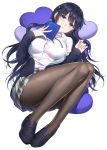  1girl akitsuki_sakuya black_footwear black_hair black_jacket black_legwear blazer blue_eyes blush book braid breasts button_gap collared_shirt full_body hair_ornament heart heart_pillow holding holding_book inchara_na_ore_to_ichatsukitai_tte_maji_ka_yo...... jacket large_breasts loafers long_hair long_sleeves looking_at_viewer lying masuishi_kinoto miniskirt mole mole_under_eye neck_ribbon off_shoulder on_back open_clothes open_jacket pantyhose parted_lips pillow pleated_skirt ribbon school_uniform shirt shirt_tucked_in shoes sidelocks simple_background skirt solo striped striped_neckwear white_background white_shirt x_hair_ornament 