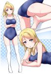  1girl :o ass ass_visible_through_thighs ayase_eli bangs bare_arms bare_shoulders barefoot blue_background blue_eyes blue_swimsuit blush breasts collarbone crossed_arms eyebrows_visible_through_hair full_body hair_down halftone halftone_background long_hair looking_at_viewer love_live! love_live!_school_idol_project lying medium_breasts multiple_views on_stomach one-piece_swimsuit parted_lips ponytail sidelocks standing swept_bangs swimsuit thigh-highs v-shaped_eyebrows water wet white_legwear yopparai_oni 