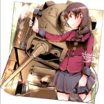  1girl artist_name black_border black_ribbon black_skirt border braid brown_hair closed_mouth epaulettes frown girls_und_panzer ground_vehicle hair_over_shoulder hair_ribbon headphones headphones_removed highres holding holding_headphones jacket long_hair long_sleeves matilda_(tank) military military_uniform military_vehicle miniskirt motor_vehicle pleated_skirt radio red_jacket ribbon rukuriri serious single_braid skirt solo st._gloriana&#039;s_military_uniform tank tsukasa-emon twitter_username uniform v-shaped_eyebrows 