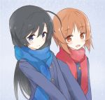  2girls ahoge bangs black_eyes black_hair blue_coat blue_scarf brown_eyes brown_hair closed_mouth eyebrows_visible_through_hair girls_und_panzer isuzu_hana light_blush long_hair long_sleeves looking_at_viewer multiple_girls nishizumi_miho ooarai_school_uniform open_mouth red_scarf scarf school_uniform short_hair shuuichi_(gothics) smile snow upper_body winter_uniform 