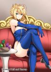  1girl apple armpits artoria_pendragon_(all) artoria_pendragon_(lancer) ass bangs bare_shoulders blue_gloves blue_legwear blue_leotard boots bowl braid breasts closed_mouth couch crown eyebrows_visible_through_hair fate/grand_order fate_(series) food french_braid fruit fruit_bowl gloves grapes green_eyes hair_between_eyes hellandheaven highleg highleg_leotard highres large_breasts leg_up legs_crossed leotard looking_at_viewer medium_hair peach pineapple seductive_smile sitting smile solo swept_bangs thigh-highs thigh_boots 