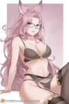  1girl animal_ears aslindsamure bangs bare_shoulders border bra breasts catherine_(granblue_fantasy) cleavage erune forehead garter_belt glasses gradient gradient_background granblue_fantasy grey_bra grey_panties highres large_breasts long_hair looking_at_viewer medium_breasts navel panties parted_bangs parted_lips pink_background pink_eyes pink_hair ponytail sitting smile solo thigh-highs thighs underwear white_border 