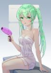  1girl absurdres bangs green_eyes green_hair hair_dryer hatsune_miku highres long_hair naked_towel samsafe sidelocks sitting solo towel twintails vocaloid 