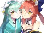  2girls absurdres animal_ear_fluff animal_ears bare_shoulders bikini blue_bikini blue_kimono blue_ribbon blush breasts cleavage closed_eyes commentary commentary_request detached_sleeves dragon_girl dragon_horns eyebrows_visible_through_hair fate/extra fate/grand_order fate_(series) fox_ears fox_girl green_hair hair_ornament hair_ribbon highres horns japanese_clothes kimono kiyohime_(fate/grand_order) large_breasts long_hair looking_at_viewer multiple_girls one_eye_closed open_mouth pink_hair ribbon simple_background swimsuit tamamo_(fate)_(all) tamamo_no_mae_(fate) white_background yakigohan_(ykms_28) yellow_eyes 