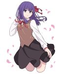  1girl absurdres breasts eyebrows_visible_through_hair fate/stay_night fate_(series) from_side hair_ornament hair_ribbon highres long_hair long_sleeves lq_saku matou_sakura petals purple_hair red_ribbon ribbon simple_background solo violet_eyes white_background 