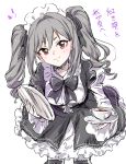  1girl bangs black_bow black_neckwear black_ribbon bow bowtie breasts closed_mouth cup dress drill_hair eighth_note eyebrows_visible_through_hair grey_hair hair_ribbon holding holding_plate idolmaster idolmaster_cinderella_girls juliet_sleeves kakitsubata_zero kanzaki_ranko long_hair long_sleeves maid maid_headdress medium_breasts musical_note plate puffy_sleeves red_eyes ribbon simple_background smile solo tea teacup translation_request twin_drills white_background 