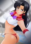  1girl ass bikini bishoujo_senshi_sailor_moon black_hair blue_eyes blurry blurry_background blurry_foreground breasts butt_crack closed_mouth covered_nipples crop_top depth_of_field earrings elbow_gloves from_behind gloves highres hino_rei holding indoors inner_senshi jewelry light_blush long_hair looking_at_viewer looking_back medium_breasts nanashi_noiji pool pose red_bikini sailor_bikini sailor_collar sailor_mars sailor_senshi sailor_senshi_uniform self_shot smile solo standing star star_earrings swimsuit white_gloves 
